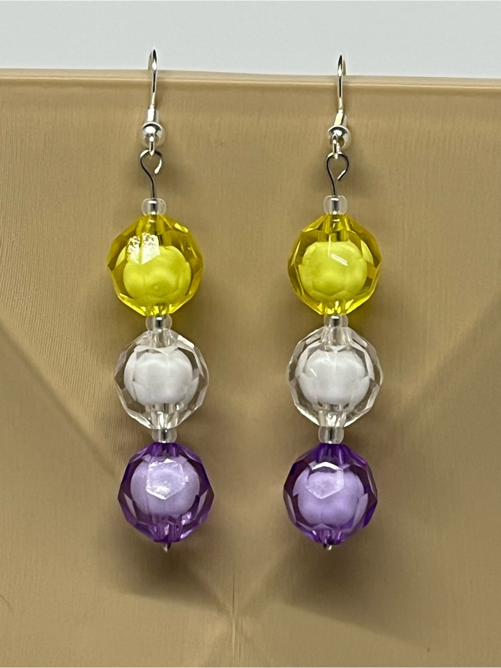 "Viking Pride" Hand Crafted Yellow White Purple Beaded Drop Earrings